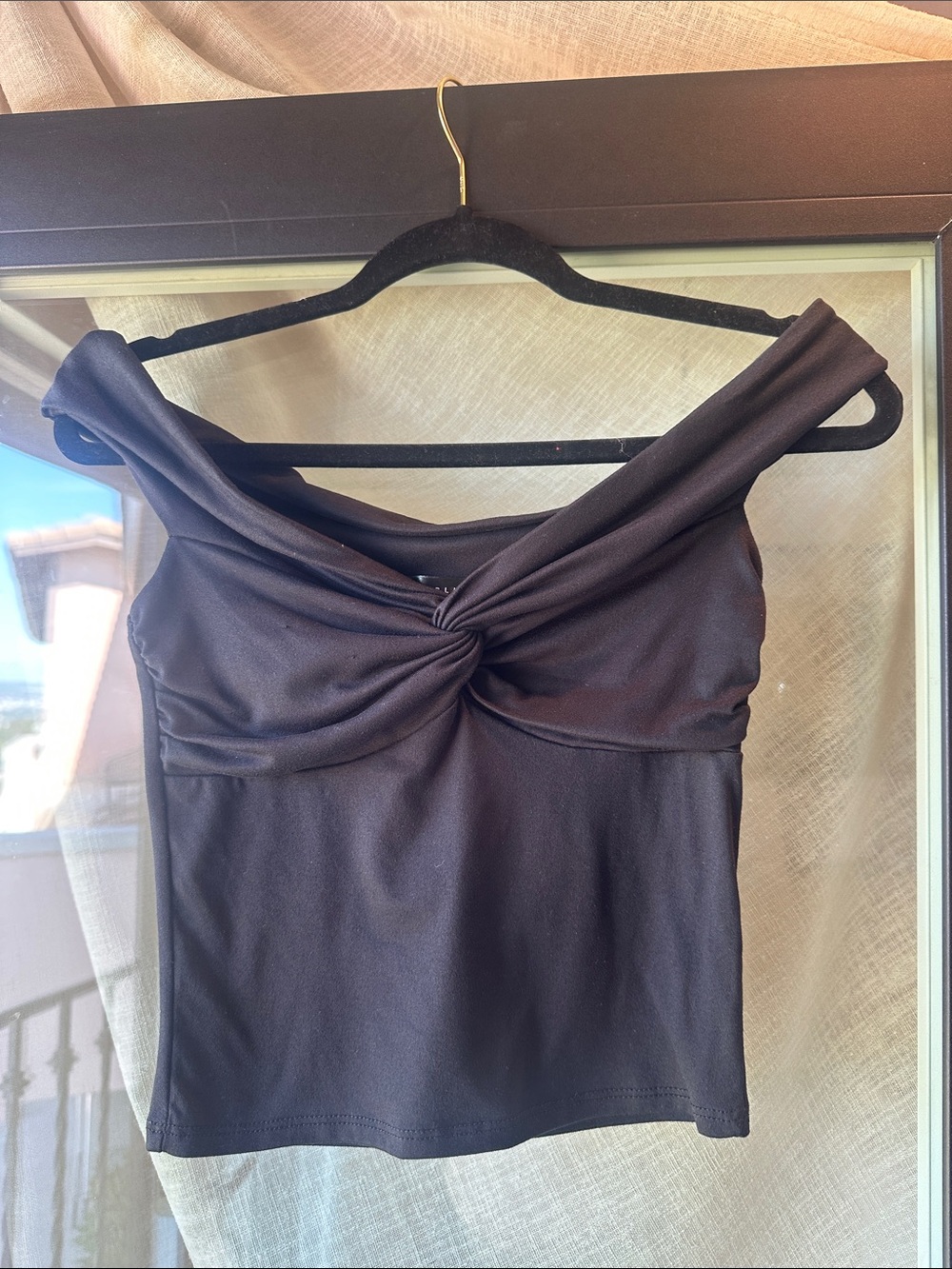 Blue Blush Black Off-Shoulder Twist Crop Top